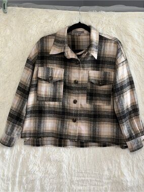 Tattoo Womens Plaid Cropped Shacket Size XS Neutral Streetwear Oversized Grunge